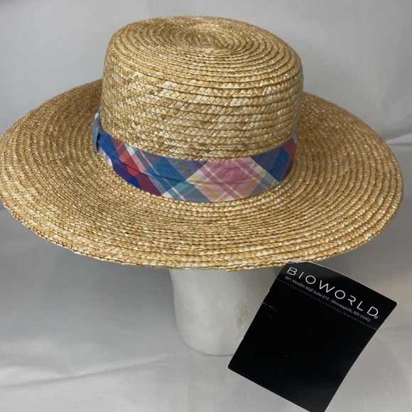 Bioworld Straw Sun Hat Wide Brim Multicolor Decorative Ribbon Trim NWT - Picture 3 of 6